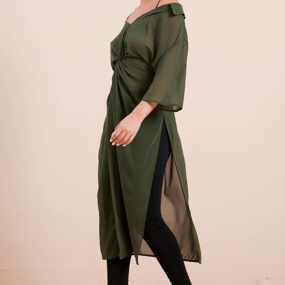 Olive Sheer Cold Shoulder Blouse - Picture 3 of 4